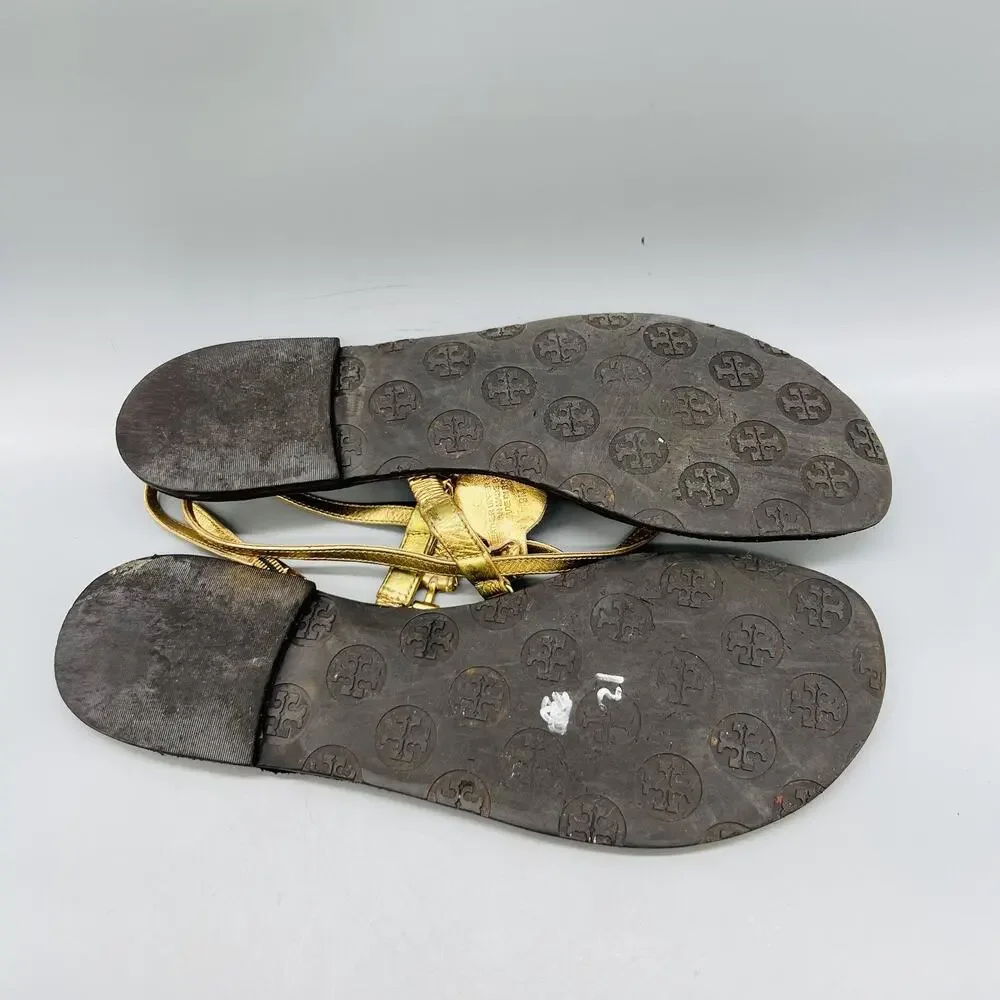 Tory Burch Sandals Womens 9 Gold Leather Thong Ankle Strap Logo Medallion Shoes